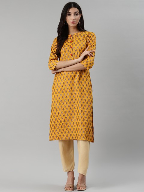 

aayusika Women Mustard Yellow & Green Ethnic Motifs Printed Straight Kurta