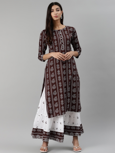 

aayusika Women Coffee Brown & White Printed Kurta with Skirt