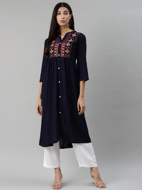 

aayusika Women Navy Blue & Pink Ethnic Motifs Yoke Design Thread Work A-Line Kurta