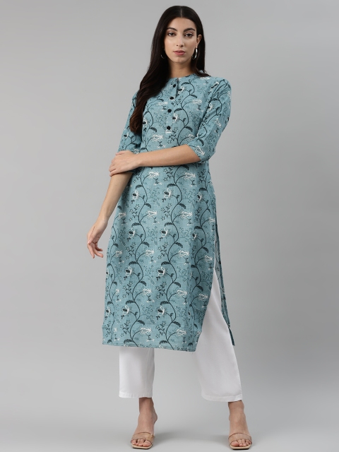 

aayusika Women Blue & Black Ethnic Motifs Printed Straight Kurta
