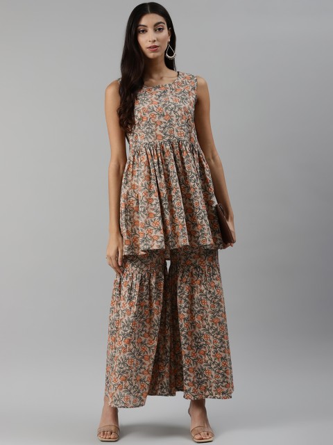 

aayusika Women Beige & Coral Orange Printed Kurti with Sharara