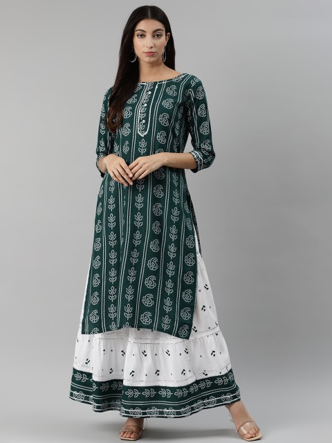 

aayusika Women Green & White Printed Kurta with Skirt