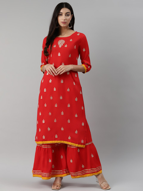

aayusika Women Red & Golden Gotta Patti Work Kurta with Sharara
