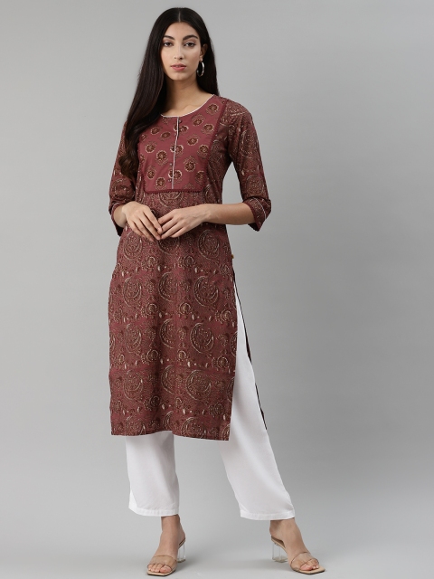 

aayusika Women Mauve & Brown Ethnic Motifs Block Print Straight Kurta