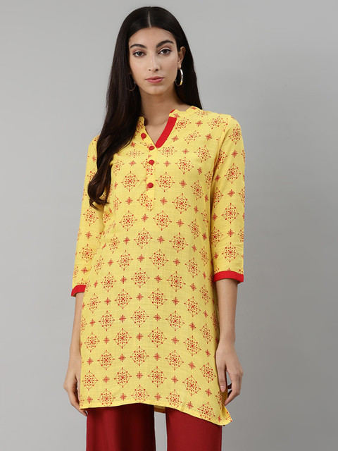 

aayusika Women Yellow & Red Ethnic Printed Slub Effect Straight Kurti