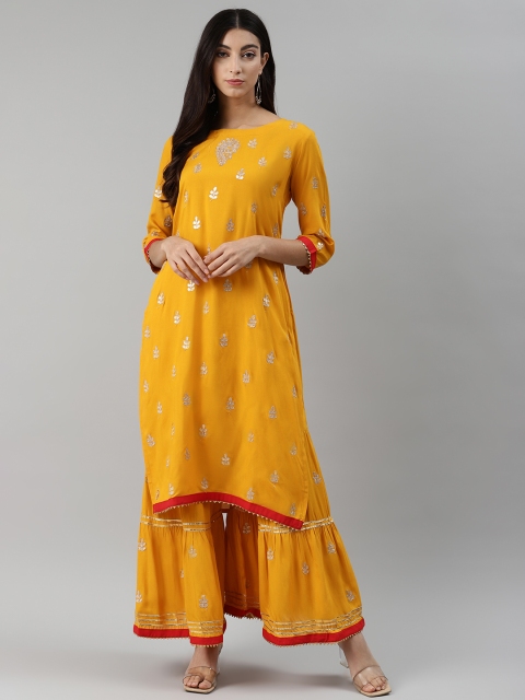 

aayusika Women Mustard Yellow & Golden Embroidered Kurta with Sharara