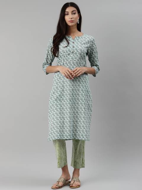 

aayusika Women Blue & Green Pure Cotton Printed Kurta with Trousers