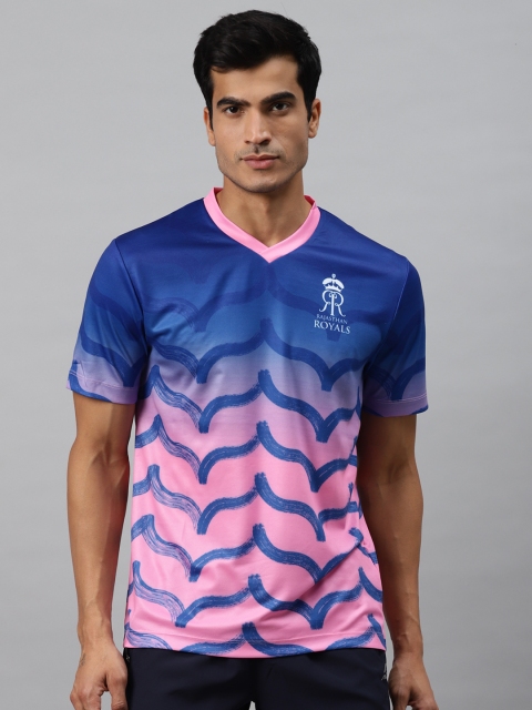 

Alcis Men Blue & Pink Rajasthan Royals IPL Print Slim Fit V-Neck T-shirt