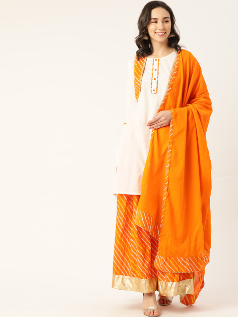 

Laabha Women White & Orange Pure Cotton Solid Kurta Set