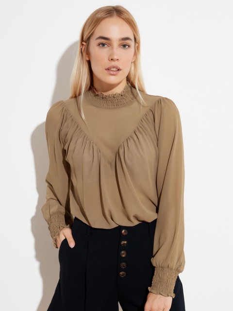 

TRENDYOL COLLECTION Brown Solid Sheer Puff Sleeves Regular Top