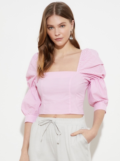 

Trendyol Pink White Checked Puff Sleeves Regular Crop Top