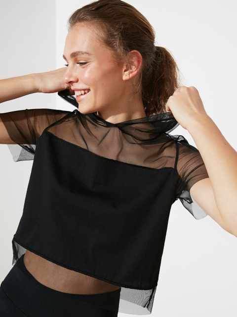 

TRENDYOL COLLECTION Black Net Semi-Sheer Hooded Regular Crop Top