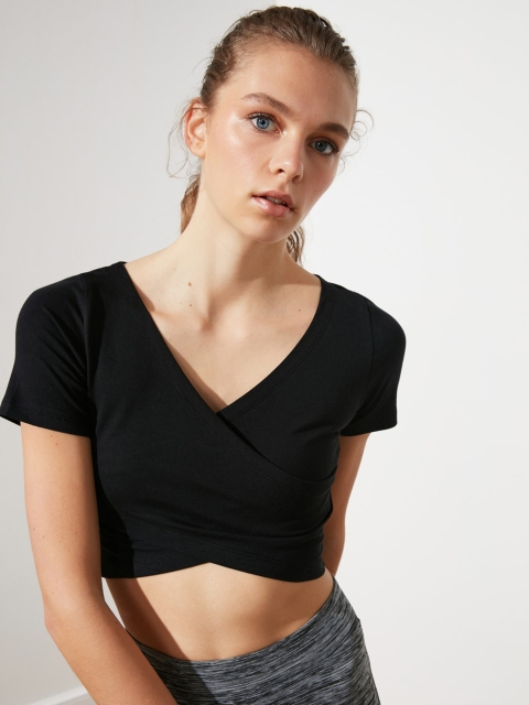 

Trendyol Black Solid Wrapover Crop Top