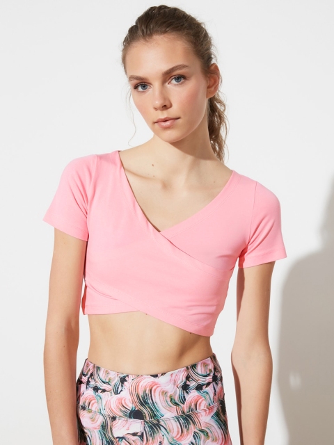 

Trendyol Pink Solid Wrapover Crop Top