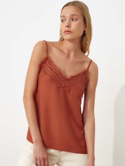 

Trendyol Rust Orange Solid Lacy Fringed Slip Top