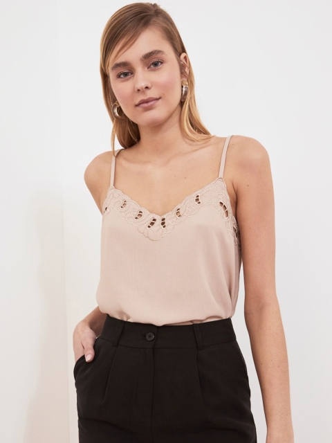 

Trendyol Beige Solid Schiffli Embroidery Detail Slip Top