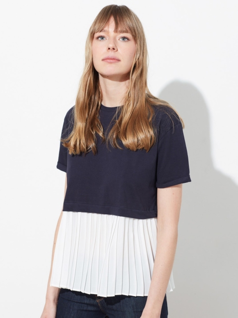 

Trendyol Navy Blue White Colourblocked Accordion Pleats Pure Cotton A-Line Top