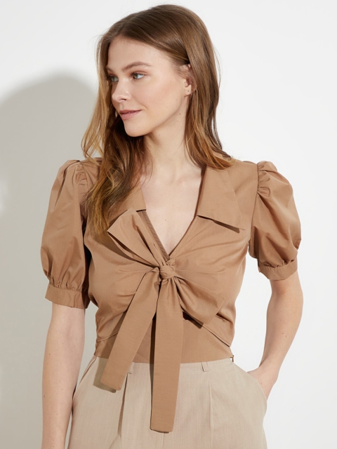 

Trendyol Beige Solid Puff Sleeves Bow Detail Regular Top