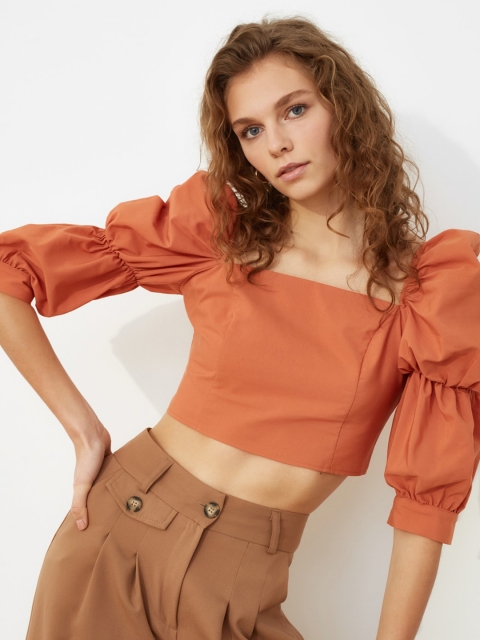 

Trendyol Rust Orange Puff Sleeves Pure Cotton Regular Crop Top