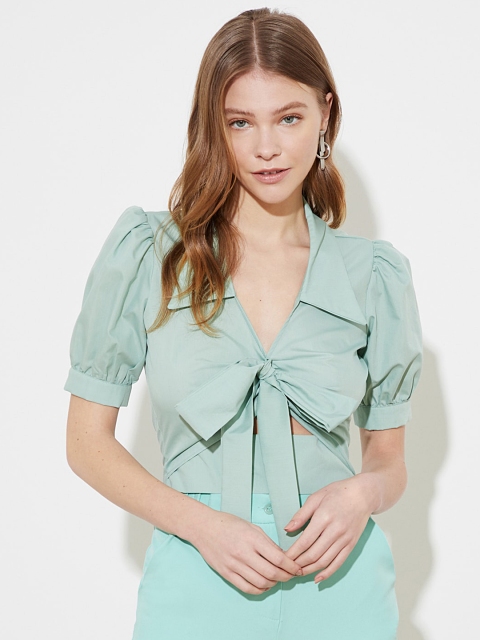 

Trendyol Mint Green Solid Puff Sleeves Bow Detail Regular Top