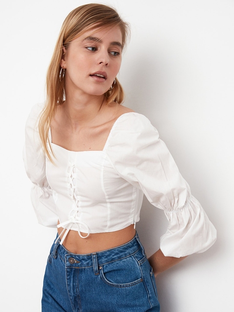 

TRENDYOL COLLECTION Off White Puff Sleeves Pure Cotton Regular Crop Top