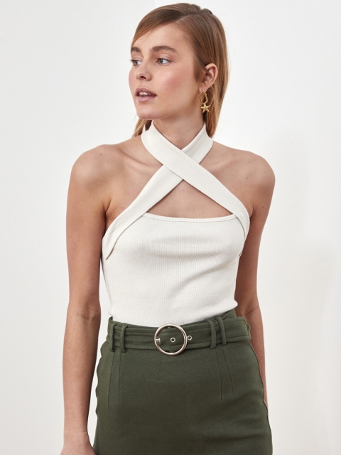 

Trendyol Off White Self Striped Halter Neck Fitted Top