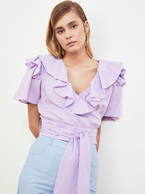 

TRENDYOL COLLECTION Lavender Flared Sleeves Cotton Ruffled Wrap Top with Belt