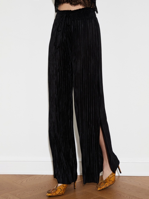 

TRENDYOL COLLECTION Women Black Self Striped Parallel Trousers with Slit