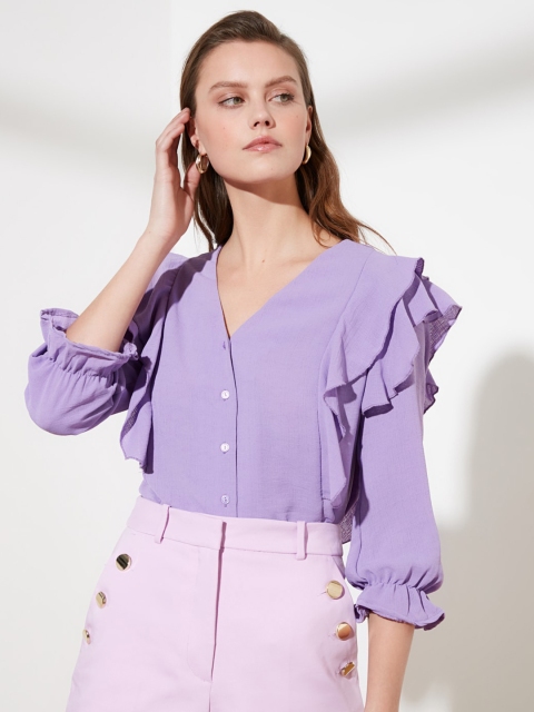 

Trendyol Purple Solid Bell Sleeves Pure Cotton Ruffled Regular Top