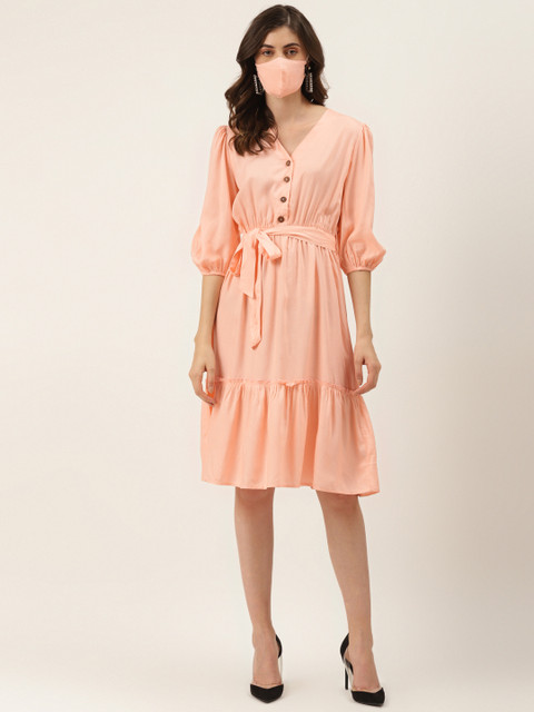 

DIVA WALK EXCLUSIVE Women Peach-Coloured Solid A-Line Tiered Dress With Mask & Belt