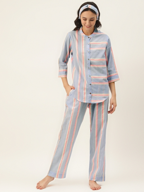 

DREAMSS BY SHILPA SHETTY Women Blue & Pink Striped Night Suit with Headband