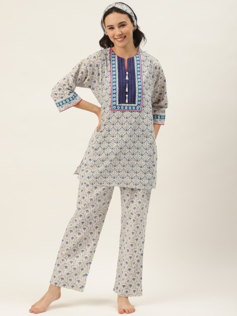 

DREAMSS BY SHILPA SHETTY Women Off-White & Blue Printed Night Suit with Headband