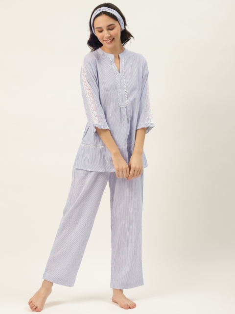 

DREAMSS BY SHILPA SHETTY Women White & Blue Striped Night Suit