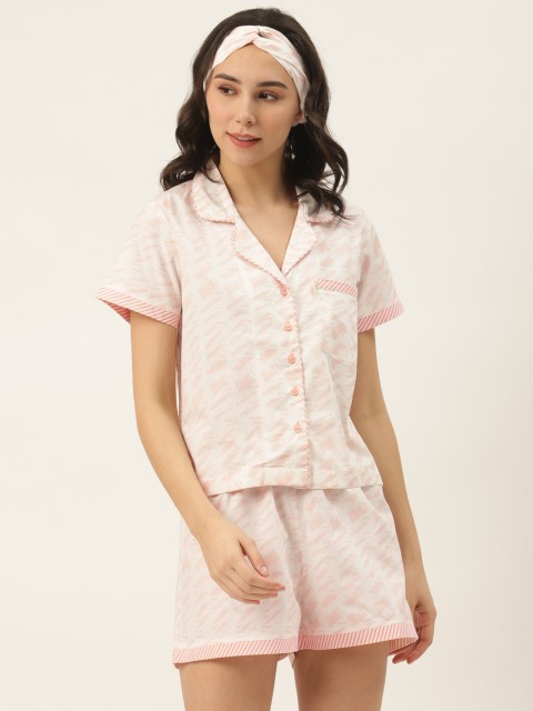 

DREAMSS BY SHILPA SHETTY Women White & Peach-Coloured Printed Night Suit