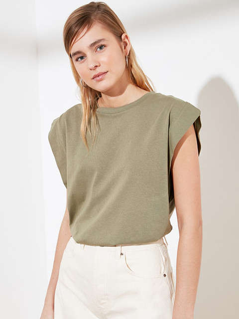 

Trendyol Women Olive Green Solid Round Neck Pure Cotton T-shirt