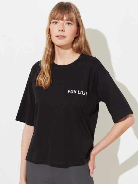 

Trendyol Women Black Solid Round Neck Cotton T-shirt