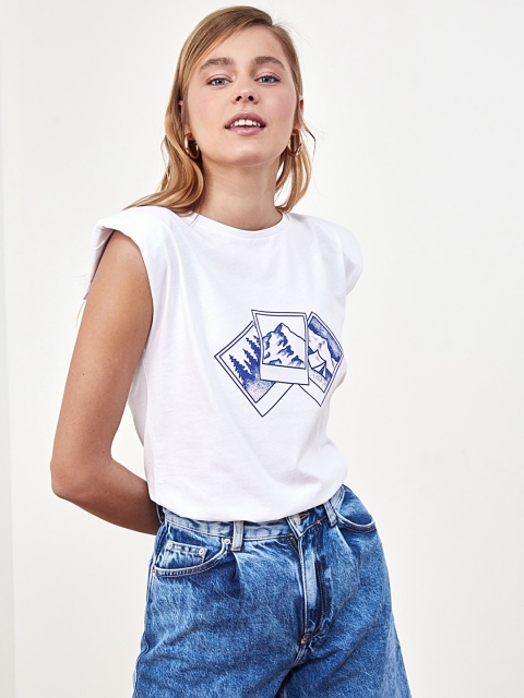 

Trendyol Women White Navy Blue Graphic Print Round Neck Cotton T-shirt