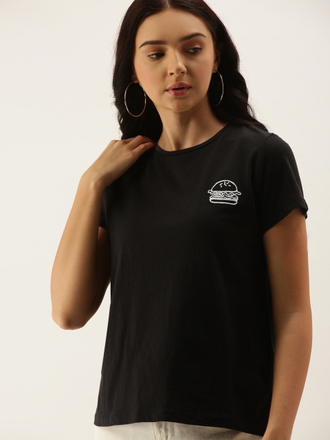 

Trendyol Women Black Solid Round Neck Pure Cotton T-shirt With Printed Detailing