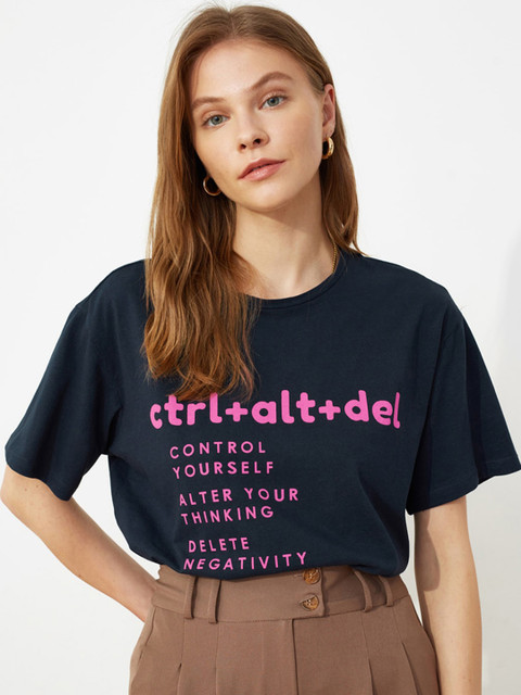

TRENDYOL COLLECTION Women Navy Blue Typography Printed Drop-Shoulder Sleeves T-shirt