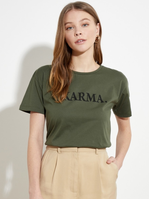 

Trendyol Women Olive Green Black Typography Print Cotton T-shirt