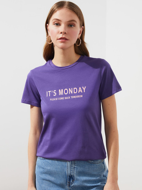 

TRENDYOL COLLECTION Women Purple & Peach-Coloured Typography Print Cotton T-shirt
