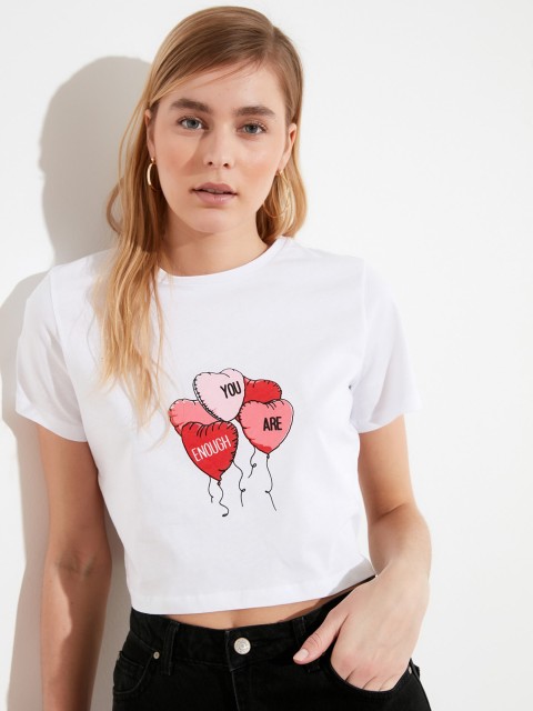 

Trendyol Women White Pink Graphic Printed Round Neck Cotton Crop T-shirt