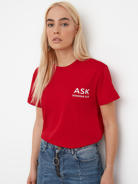 

TRENDYOL COLLECTION Women Red & White Typography Printed Round Neck Cotton T-shirt