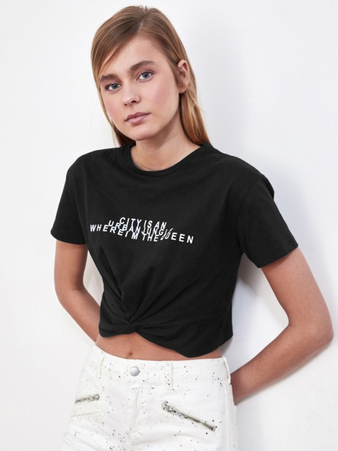 

Trendyol Black White Printed Twisted Monochrome Pure Cotton Regular Crop Top