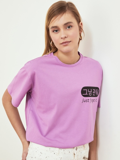 

TRENDYOL COLLECTION Women Purple Typography Printed Extended Sleeves T-shirt