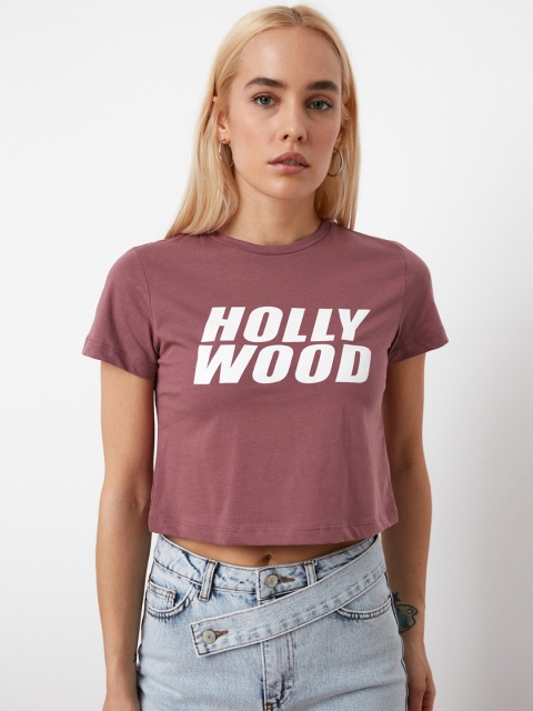 

Trendyol Women Mauve White Printed Round Neck Crop Cotton T-shirt
