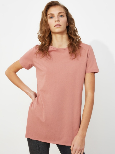 

Trendyol Women Peach-Coloured Solid Round Neck Pure Cotton T-shirt