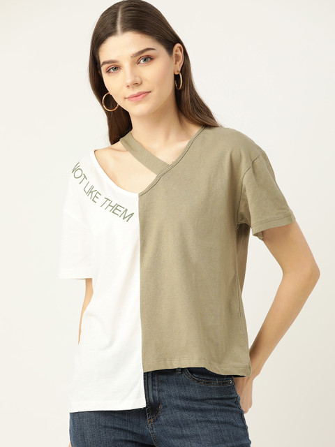 

Trendyol White Olive Green Pure Cotton Colourblocked Top