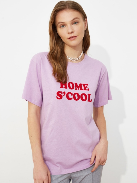 

TRENDYOL COLLECTION Women Lavender & Red Typography Printed Extended Sleeves T-shirt