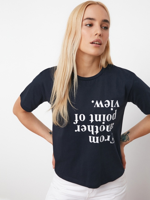 

Trendyol Women Navy Blue Printed Round Neck Pure Cotton T-shirt